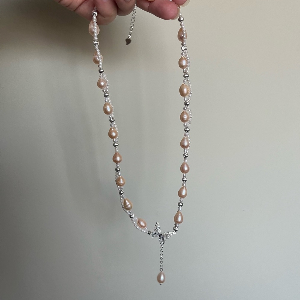 Braided Freshwater Pearl with Butterfly Accent Necklace